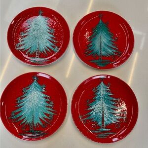 Set of 4 Vtg 60's Christmas Tree Plates Mancioli Italy Pottery Red & Green Mod